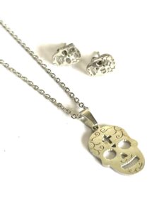 Juego Cadena con aretes calavera de acero inox 44cm