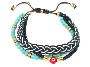 Pulsera triple de hilo ajustable con Chaquira Turquesa y Negro con Ojo Protector 21cm